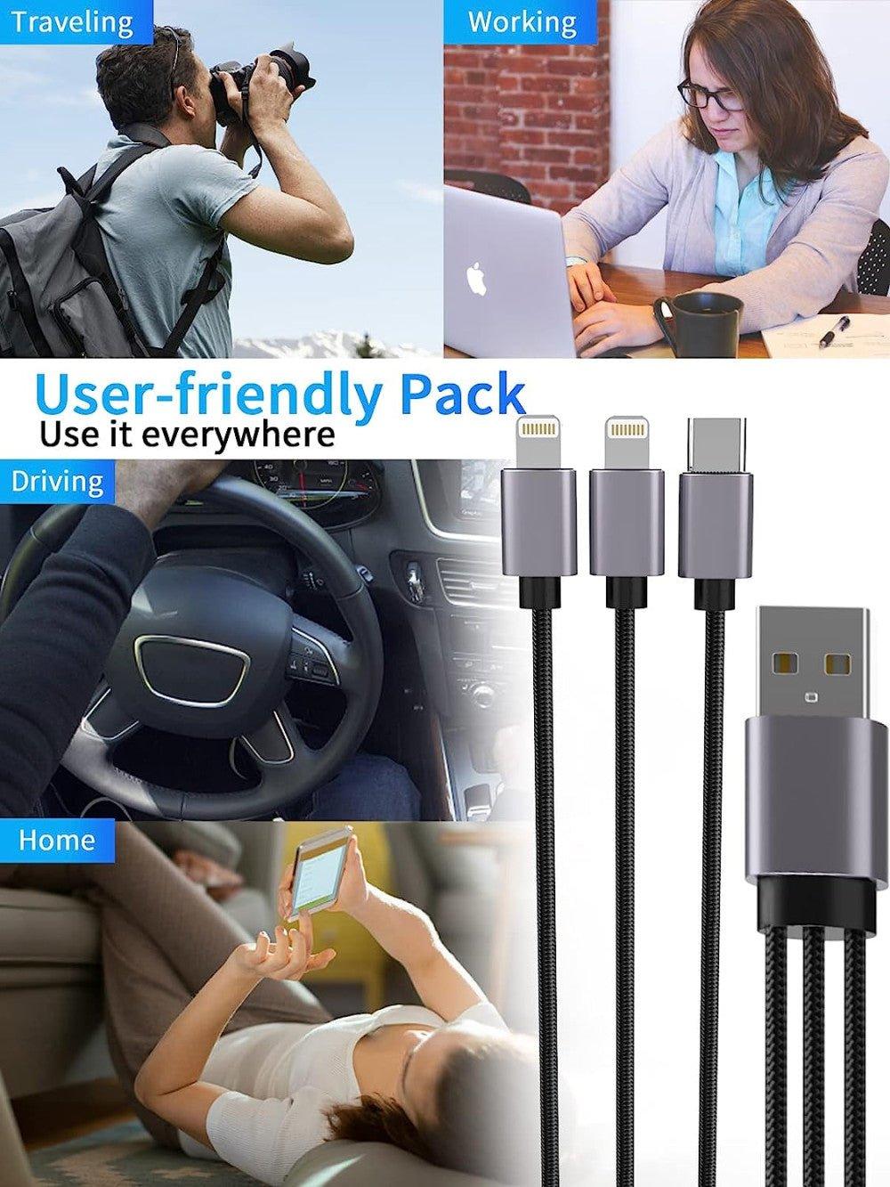 1 méteres nylon fonott 3 az 1-ben többfunkciós USB-kábel iPhone Lightning kábel USB Type-C csatlakozóval - Outlet24