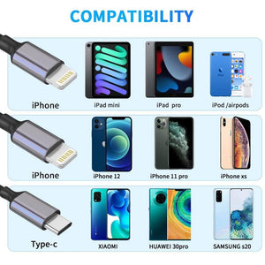 1 méteres nylon fonott 3 az 1-ben többfunkciós USB-kábel iPhone Lightning kábel USB Type-C csatlakozóval - Outlet24