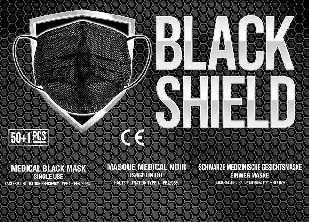 50 darabos Black Shield Antibakteriális Egyszer Használatos Orvosi Arcmaszk, Fekete - Outlet24