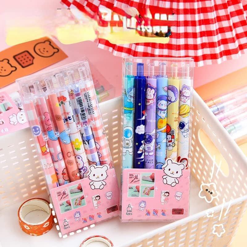 6 darabos Kawaii Rajzfilm Mintás Retraktálható Gél Tollak, Fekete Tinta, Iskolai Felszerelés - Outlet24