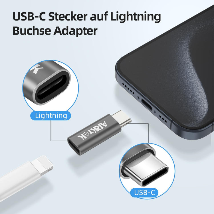 ARKTEK Lightning-USB C adapter iPhone 15, Galaxy S23, Pixel 8 töltéséhez (2db, szürke) - Image 2