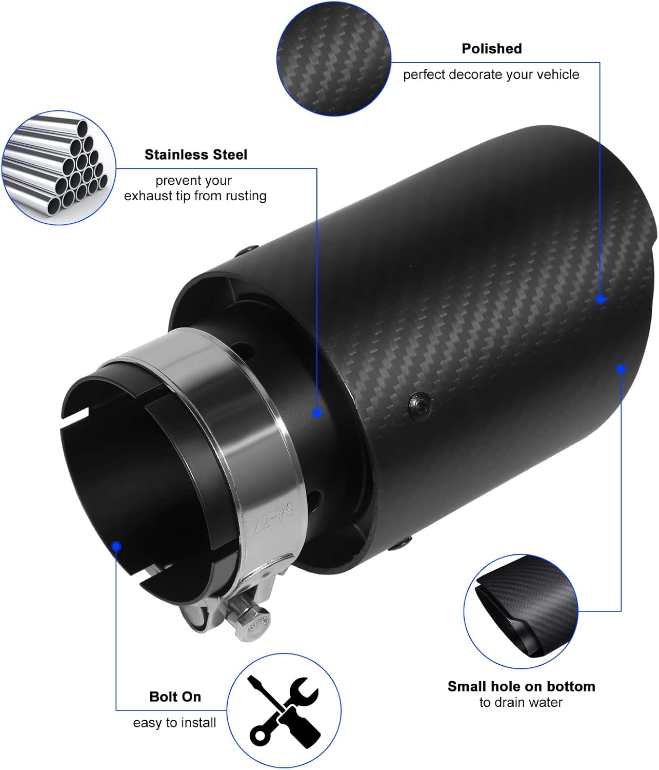 Krtopo 63mm-es matt fekete kipufogóvég - rozsdamentes acél és szénszálas, 2,5"-3,5" átmérő - Image 4