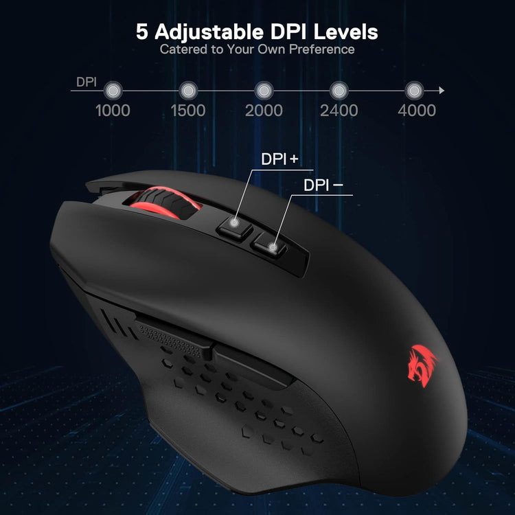 Redragon M656 Gainer vezeték nélküli gamer egér, 4000 DPI, 7 makrógomb, piros LED - Image 5