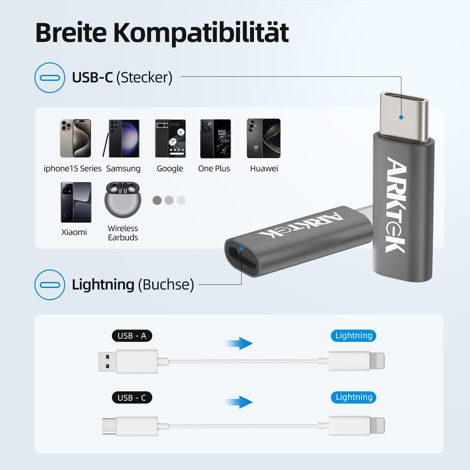 ARKTEK Lightning-USB C adapter iPhone 15, Galaxy S23, Pixel 8 töltéséhez (2db, szürke) - Image 6