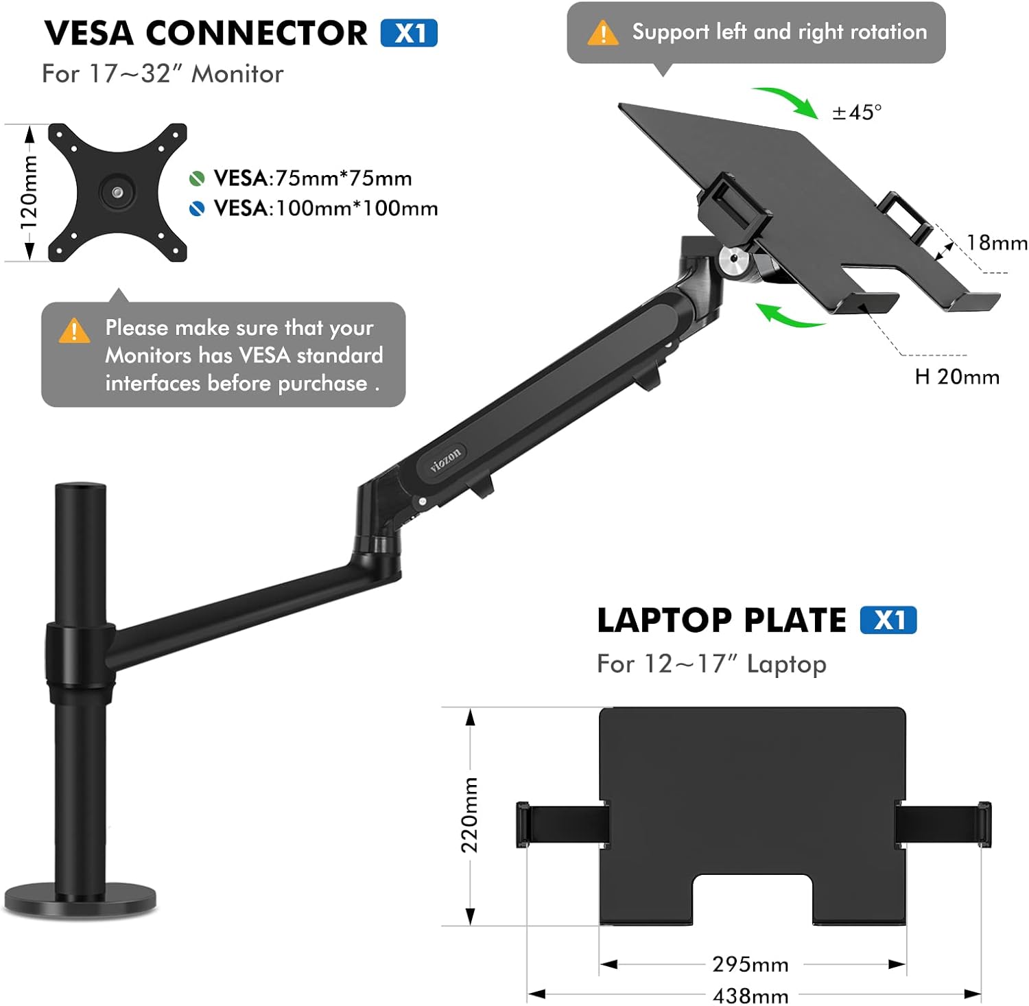 VIOZON gázrugós monitorállvány 17-32" képernyőhöz, laptop tálcával - Image 3