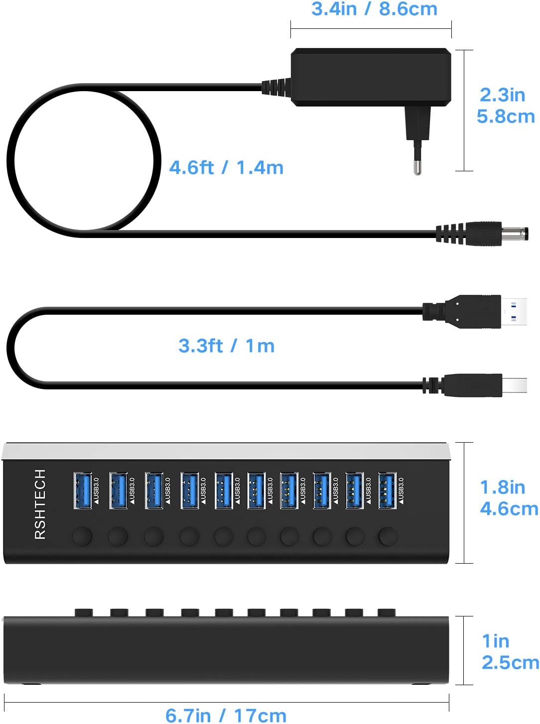 RSHTECH 10 portos USB 3.0 hub, alumínium, 36W tápegységgel és kapcsolóval - Image 8