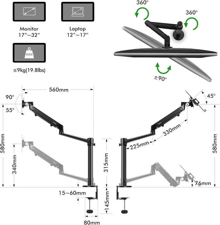 VIOZON gázrugós monitorállvány 17-32" képernyőhöz, laptop tálcával - Image 4