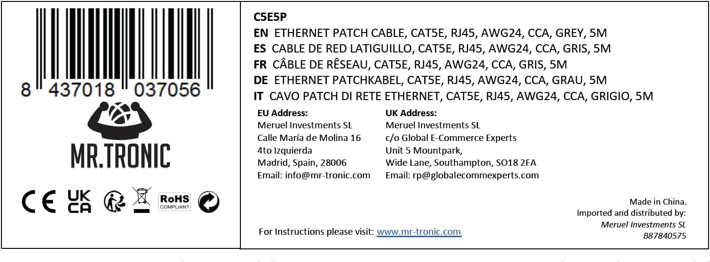 Mr. Tronic 5m-es Cat5E Ethernet kábel, gyors internethez, RJ45 csatlakozóval, szürke - Image 10