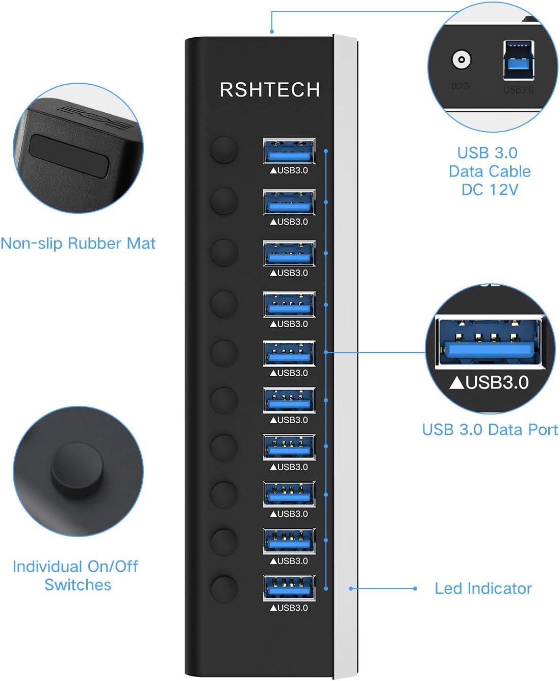 RSHTECH 10 portos USB 3.0 hub, alumínium, 36W tápegységgel és kapcsolóval - Image 7