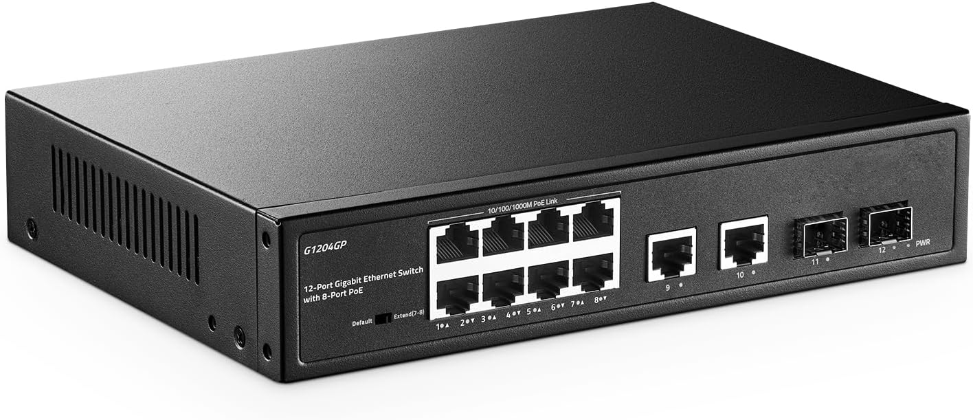 YuLinca 12 portos Gigabit PoE switch, 8 PoE+ port, 2 uplink, 2 SFP, 120W, ventilátor nélküli - Image 1