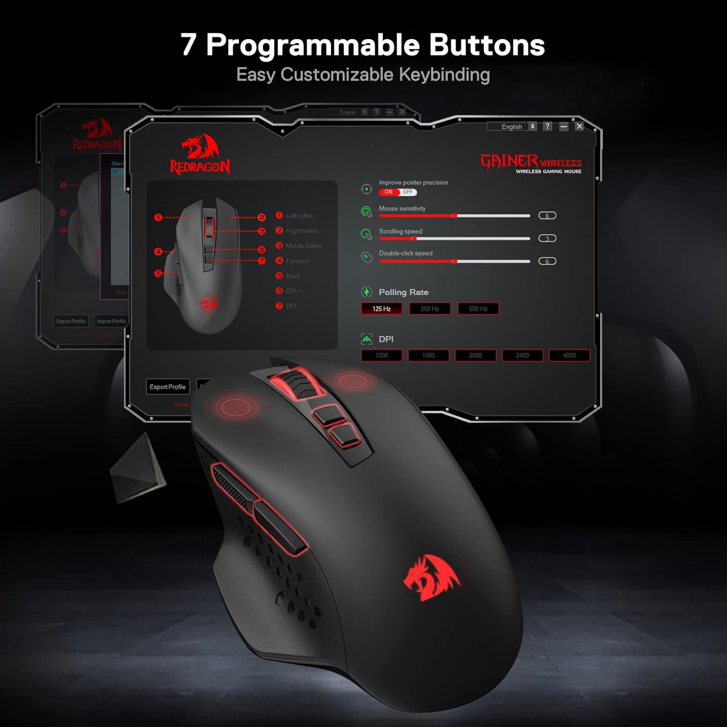 Redragon M656 Gainer vezeték nélküli gamer egér, 4000 DPI, 7 makrógomb, piros LED - Image 8