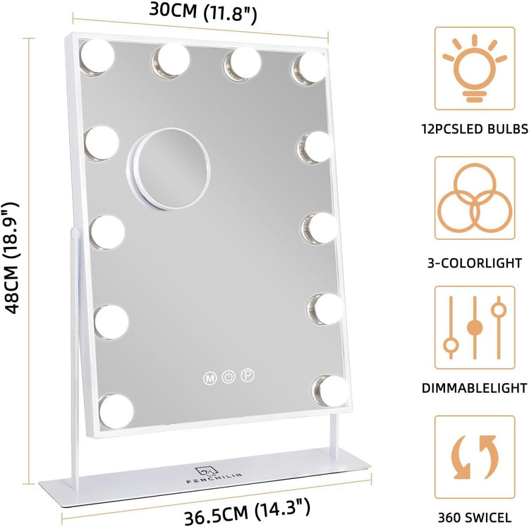 FENCHILIN Hollywood Sminktükör 9 LED Lámpával, Forgatható, 3 Fényárnyalattal, 25x30 cm - Image 7