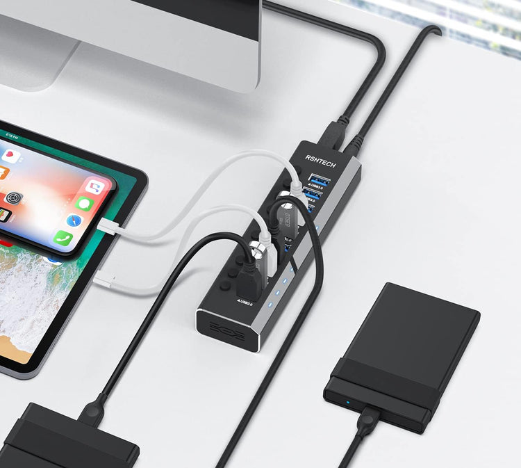 RSHTECH 10 portos USB 3.0 hub, alumínium, 36W tápegységgel és kapcsolóval - Image 2