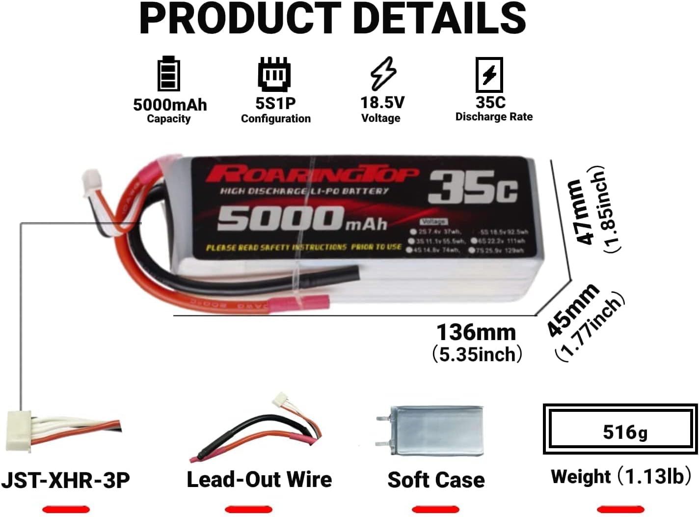 RoaringTop 5000mAh 18,5V RC LiPo akkumulátor modellrepülőkhöz, 2 db csomag - Image 2