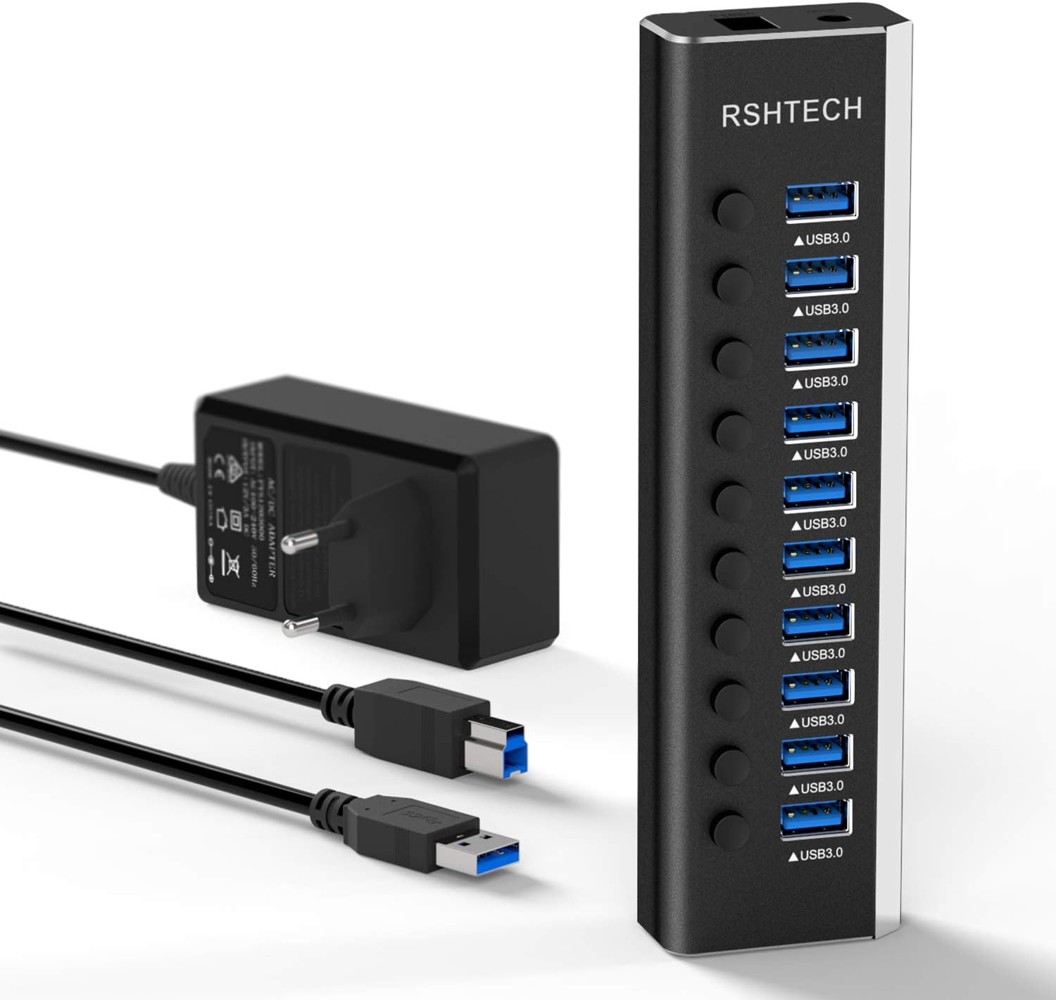 RSHTECH 10 portos USB 3.0 hub, alumínium, 36W tápegységgel és kapcsolóval - Image 1