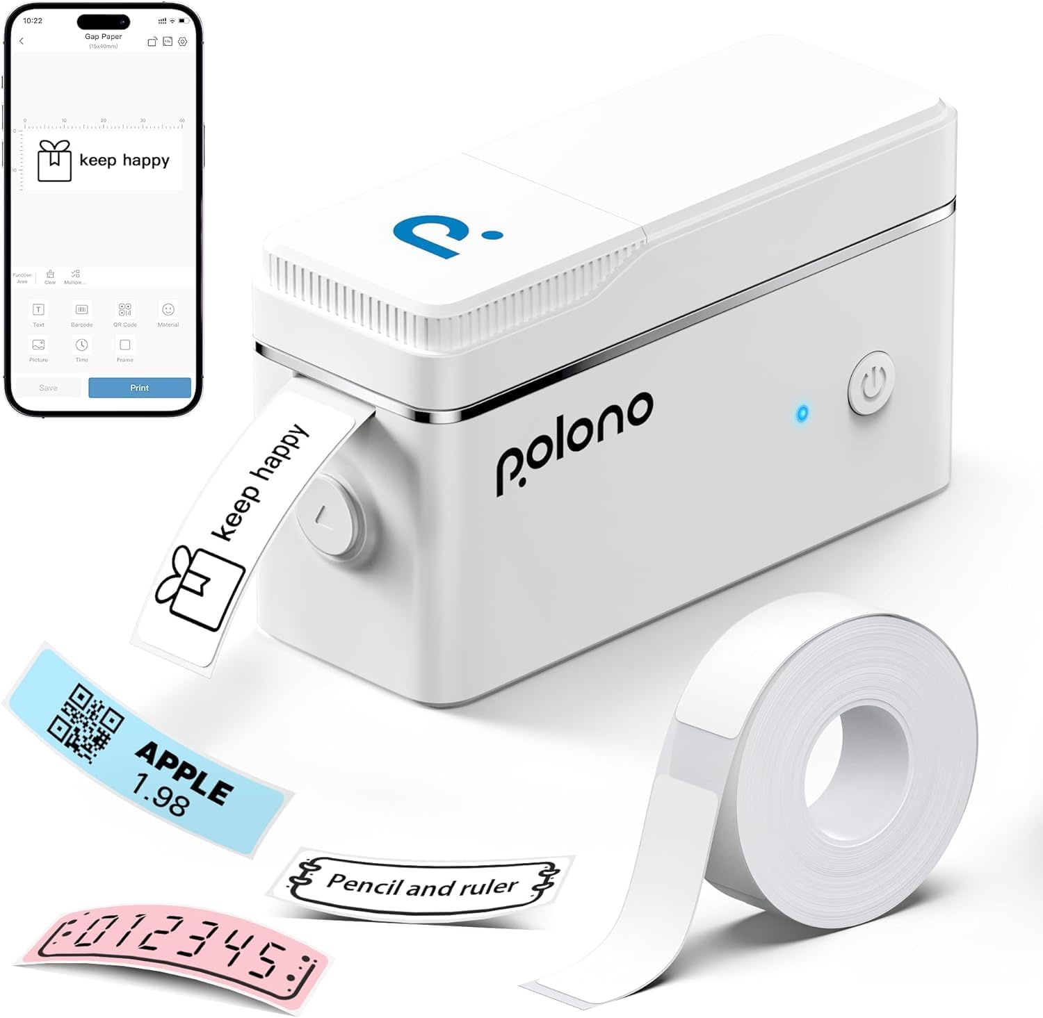 POLONO P31s Bluetooth Címkenyomtató - Hordozható Öntapadós Címkéző iOS/Android, Fehér - Image 1