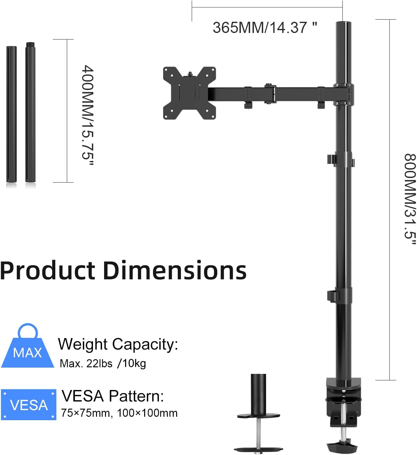 Suptek állítható monitorkar 13-32" képernyőkhöz, 80 cm-es rúddal - Image 2