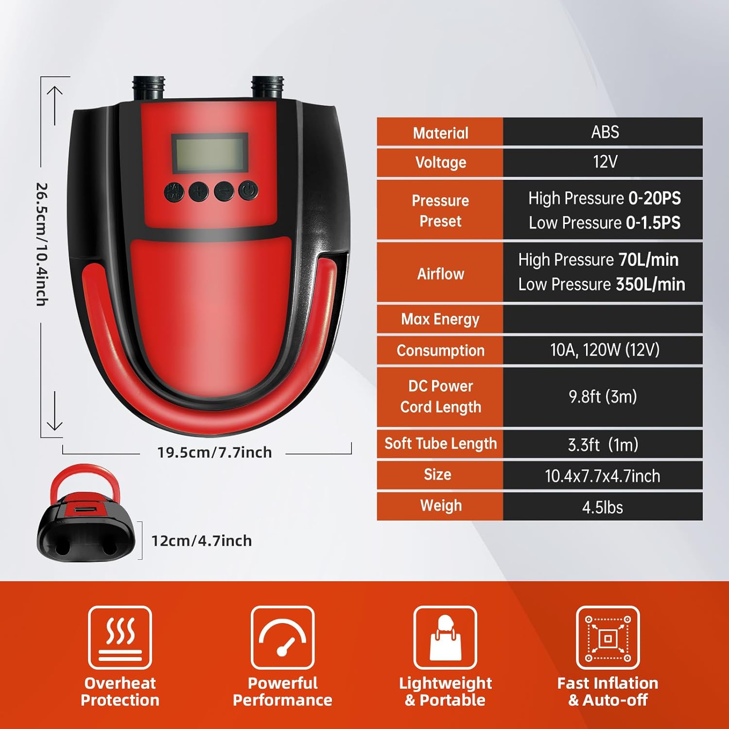 Elektromos SUP pumpa 20PSI - Hordozható, kétfokozatú, LCD-s felfújó narancssárga - Image 6