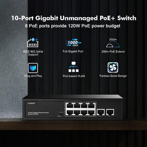 10 Portos Gigabit PoE Switch - 8 PoE+ Port, 120W, Ventilátor Nélküli - Image 2