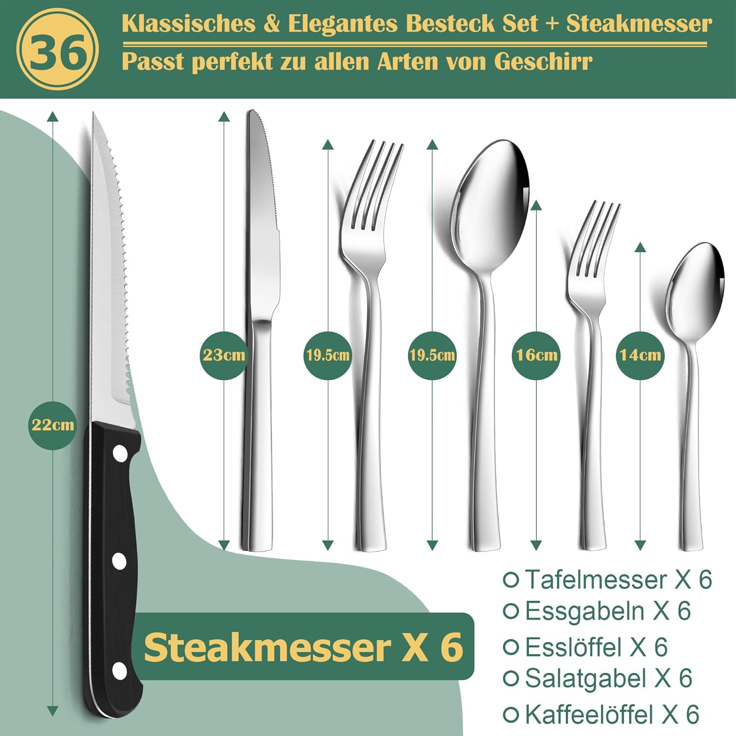 HaWare 72 részes rozsdamentes acél evőeszköz készlet steakkéssel, modern kalapált nyéllel, 12 személyes - Image 2