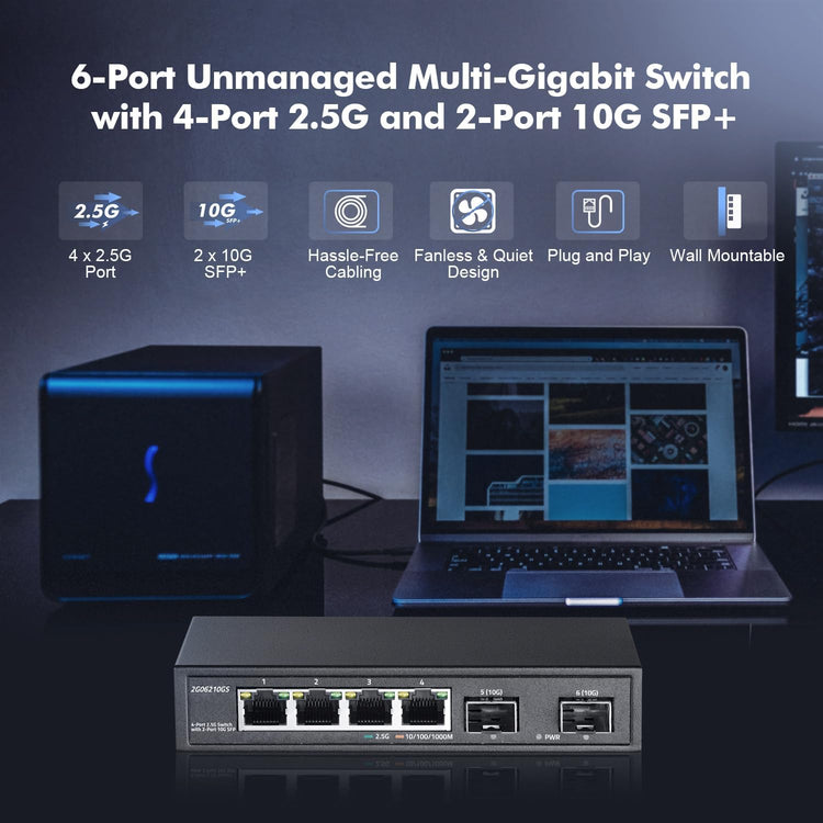 YuLinca 4 portos 2.5G hálózati switch 10G SFP-vel, ventilátor nélküli fém asztali Ethernet switch - Image 2