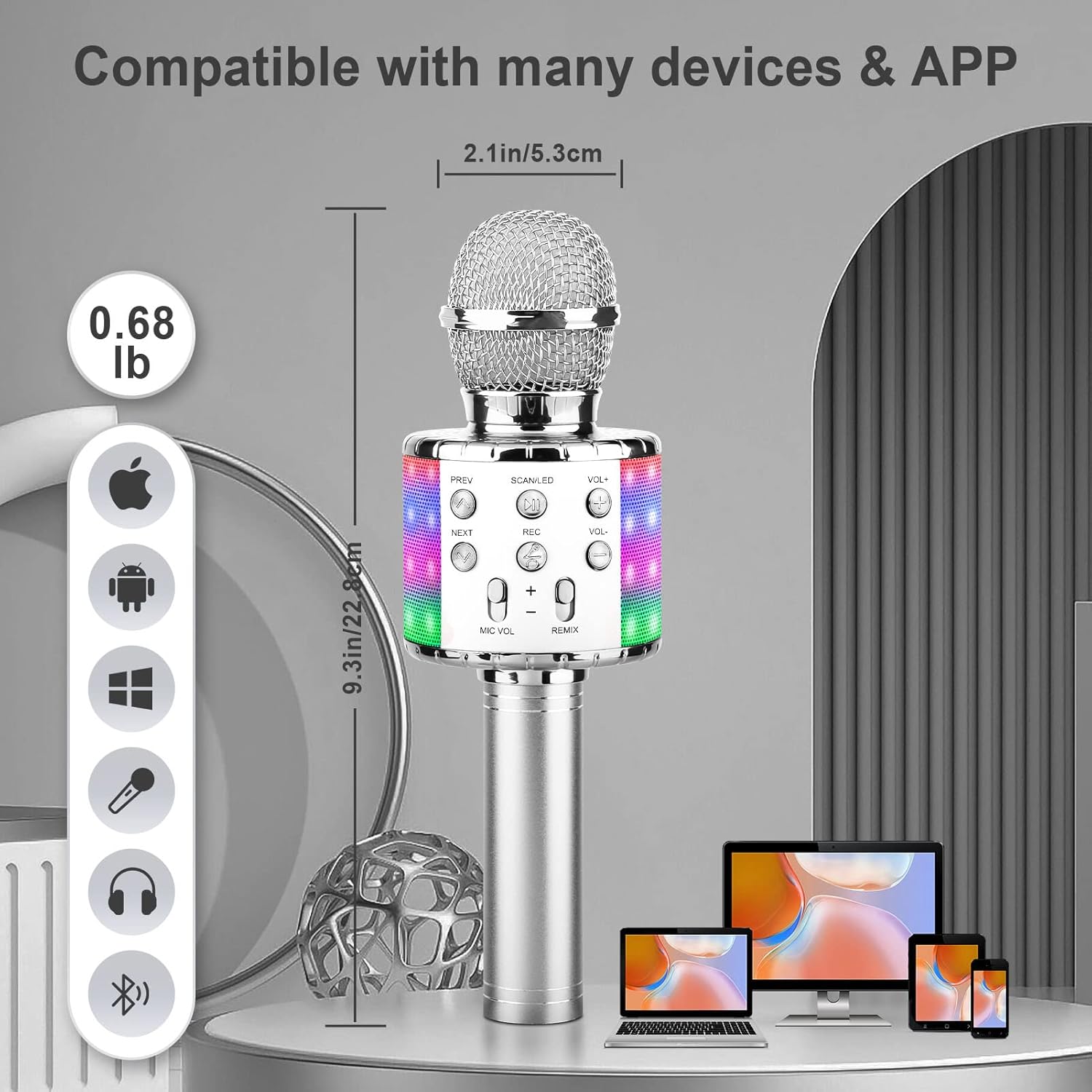 ShinePick Vezeték Nélküli Karaoke Mikrofon LED-del, Bluetooth, Android/iOS Kompatibilis - Ezüst - Image 5