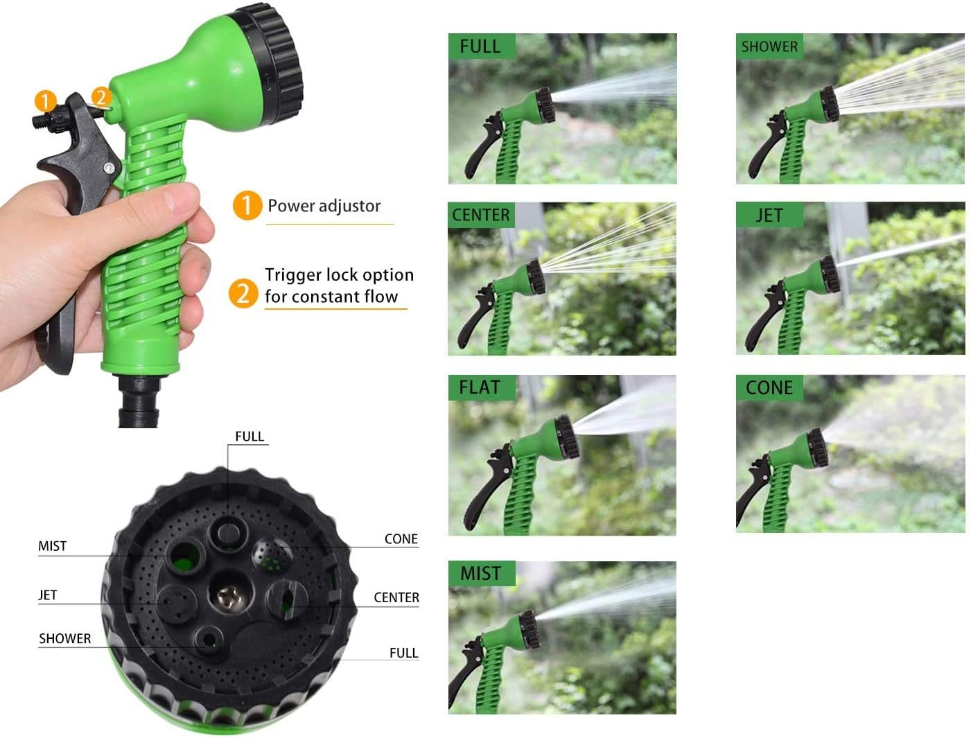 JIASHA 15 méteres nyújtható kerti locsolócső, 7 funkciós szórófejjel, zöld - Image 5