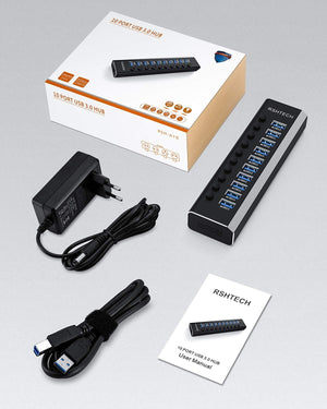 RSHTECH 10 portos USB 3.0 hub, alumínium, 36W tápegységgel és kapcsolóval - Image 9