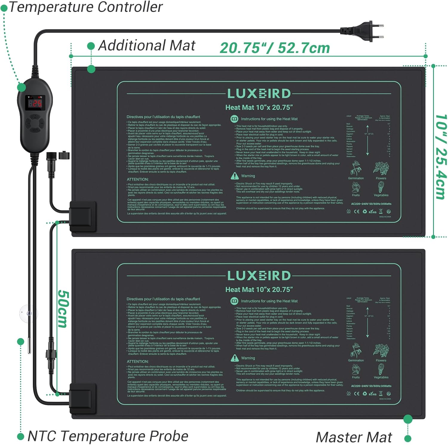 Luxbird Növény fűtőszőnyeg termosztáttal - 6 db vízálló melegítőlap üvegházi növényekhez, 30W - Image 7