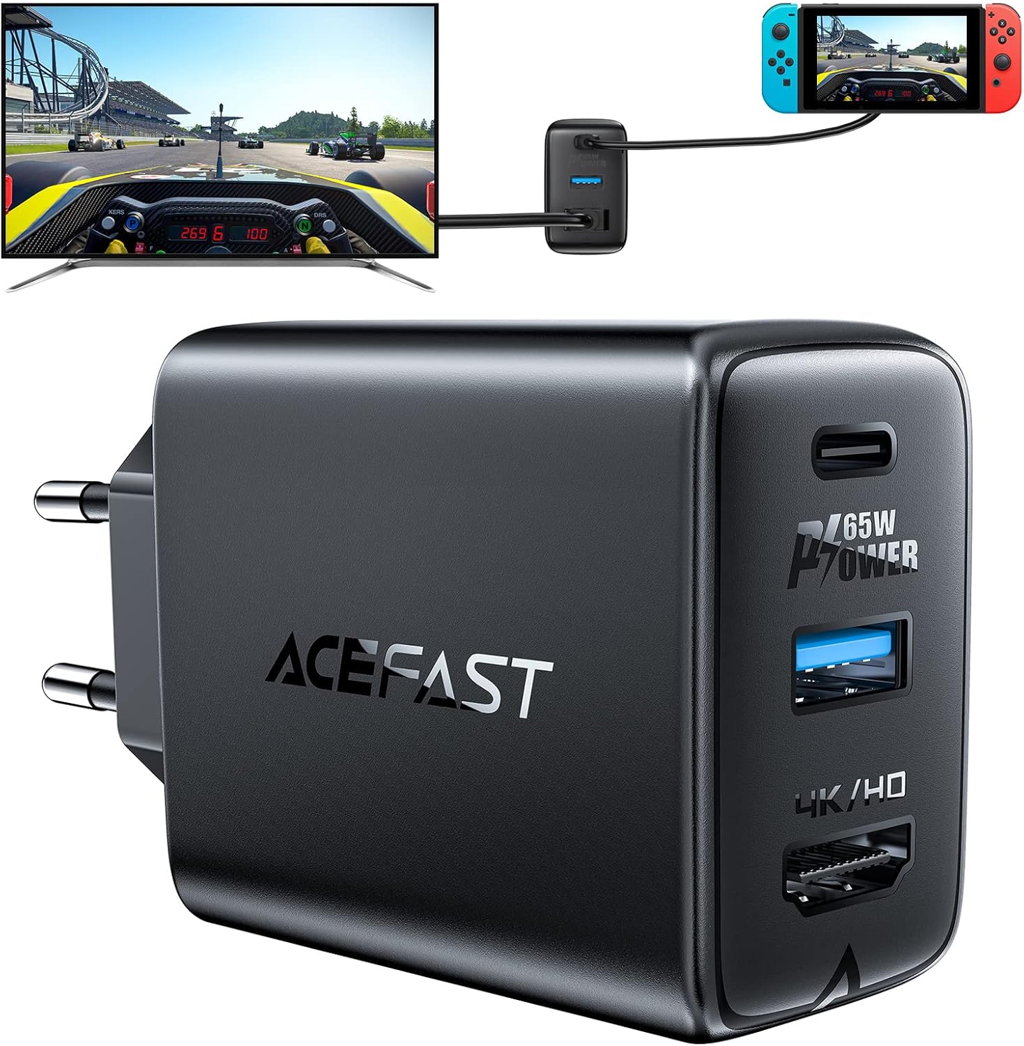 ACEFAST 65W GaN USB-C gyorstöltő 4K HDMI kimenettel, 100W kábellel - MacBook, iPad, Switch kompatibilis - Image 1