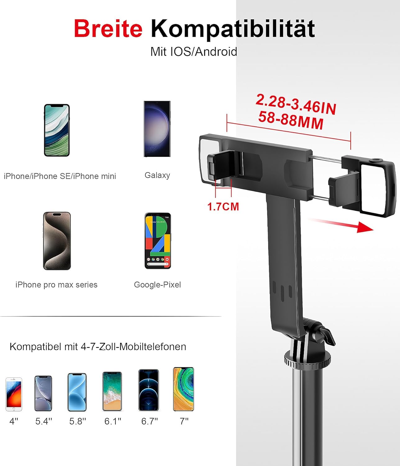 ASHINER 180cm-es LED fényes szelfibot állvánnyal, iPhone és Android kompatibilis - Image 7