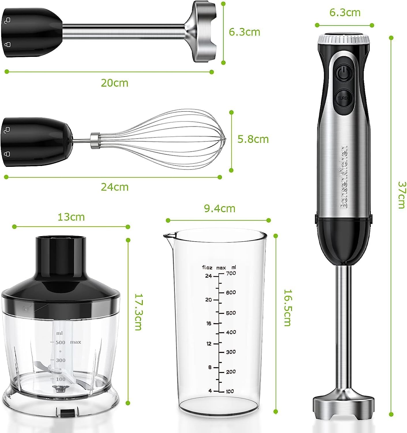 Bonsenkitchen Többfunkciós Kézi Turmixgép - 1000W, 20 Fokozat, Habverő, 500ml Aprító, 700ml Mérőpohár. Konyhai segéd: aprítás, keverés, pürésítés. - Image 6