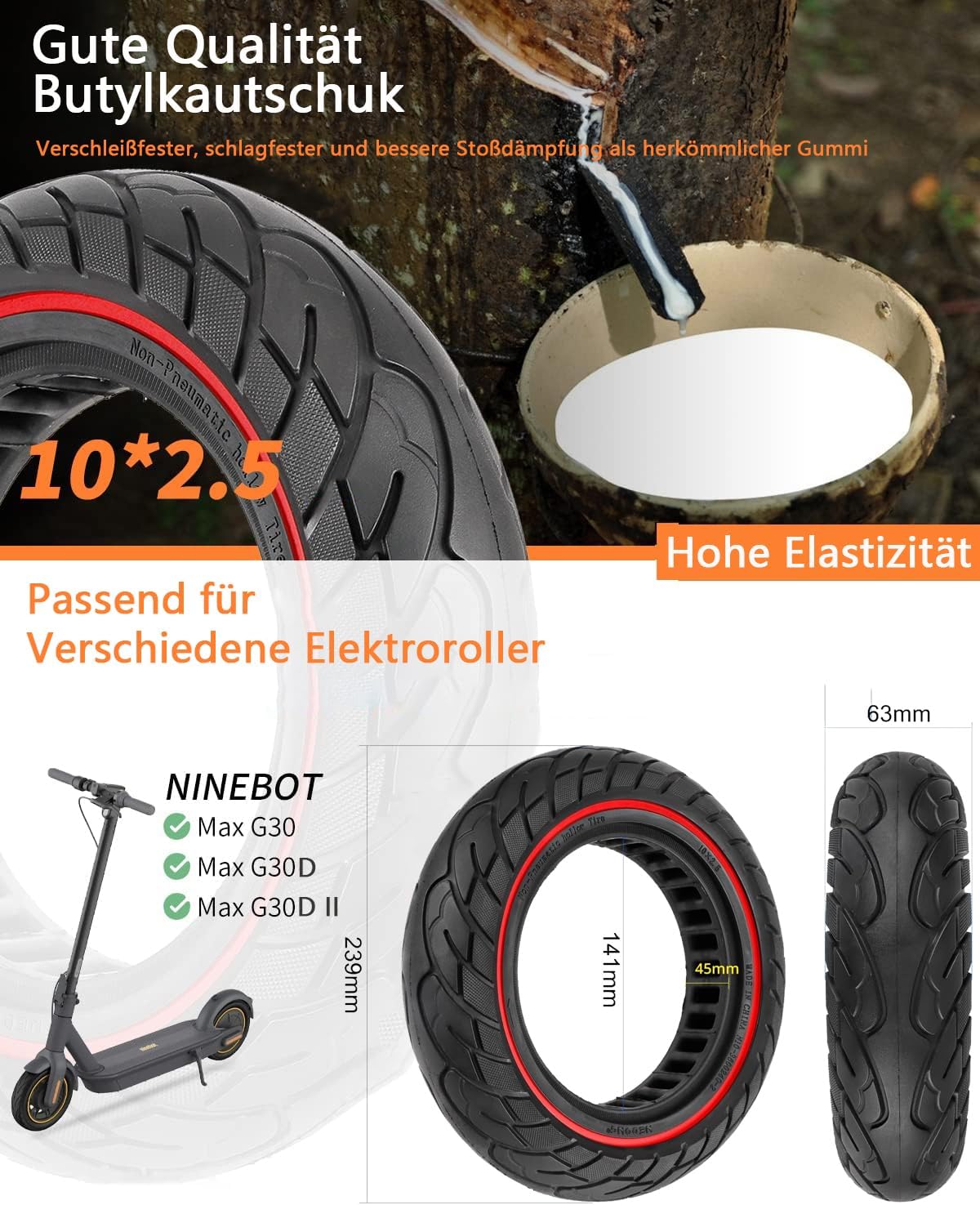 Segway Ninebot Max G30 tömör kerék, piros csíkos, csúszásgátló, defektmentes (2 db) - Image 6