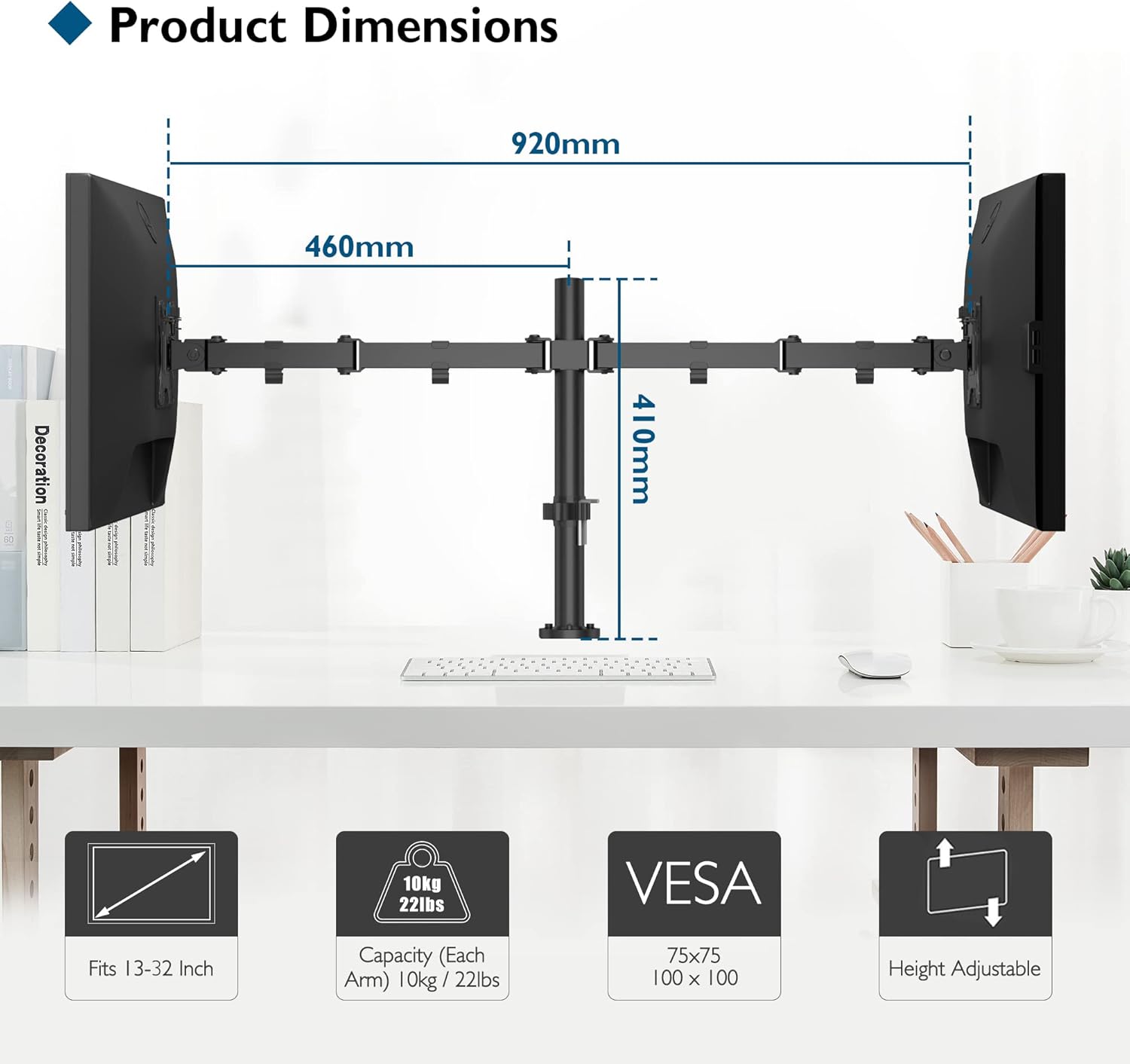 BONTEC Dupla monitortartó 13-32" Képernyőkhöz, Állítható, VESA, 10kg - Image 7