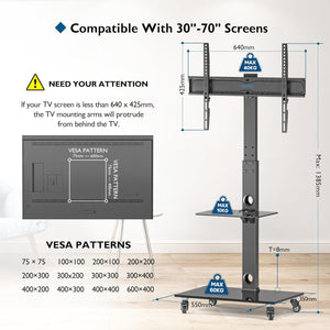 BONTEC Gurulós TV állvány 30-70" képernyőkhöz, üvegpolcokkal, 40kg-ig - Image 7