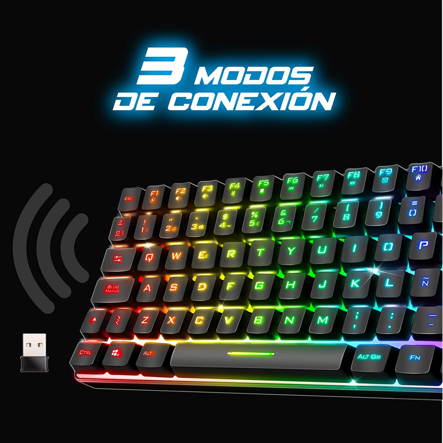 Spirit of Gamer vezeték nélküli Bluetooth TKL gamer billentyűzet, spanyol QWERTY, 65% kompakt - Image 5