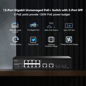 YuLinca 12 portos Gigabit PoE switch, 8 PoE+ port, 2 uplink, 2 SFP, 120W, ventilátor nélküli - Image 2