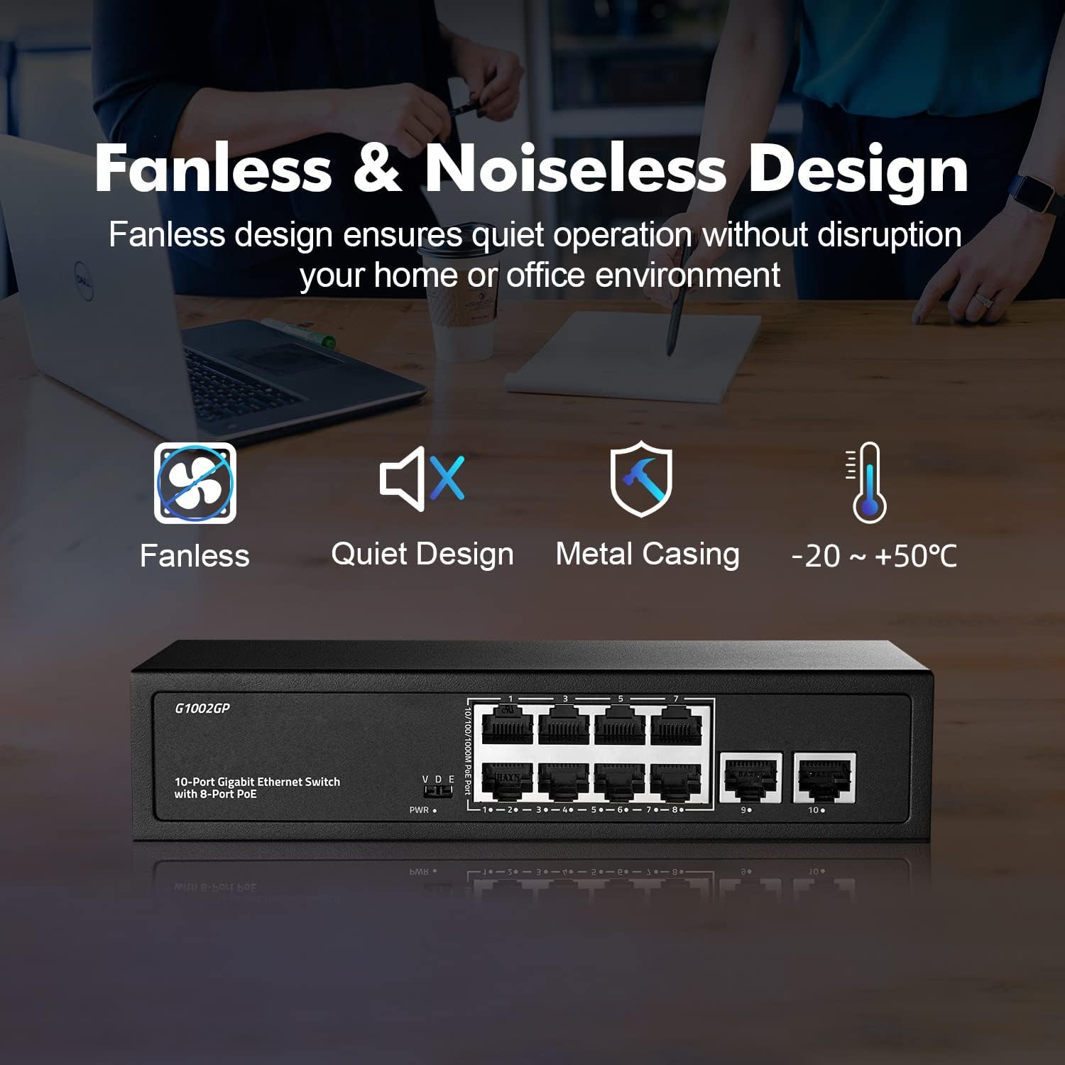 10 Portos Gigabit PoE Switch - 8 PoE+ Port, 120W, Ventilátor Nélküli - Image 6