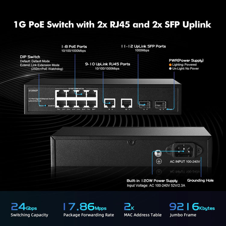 YuLinca 12 portos Gigabit PoE switch, 8 PoE+ port, 2 uplink, 2 SFP, 120W, ventilátor nélküli - Image 4