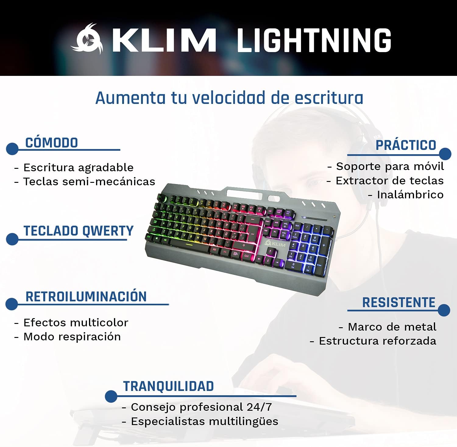 KLIM Lightning Vezeték Nélküli Spanyol Gamer Billentyűzet - Fém Váz, Mechanikus Érzés, RGB - Image 2