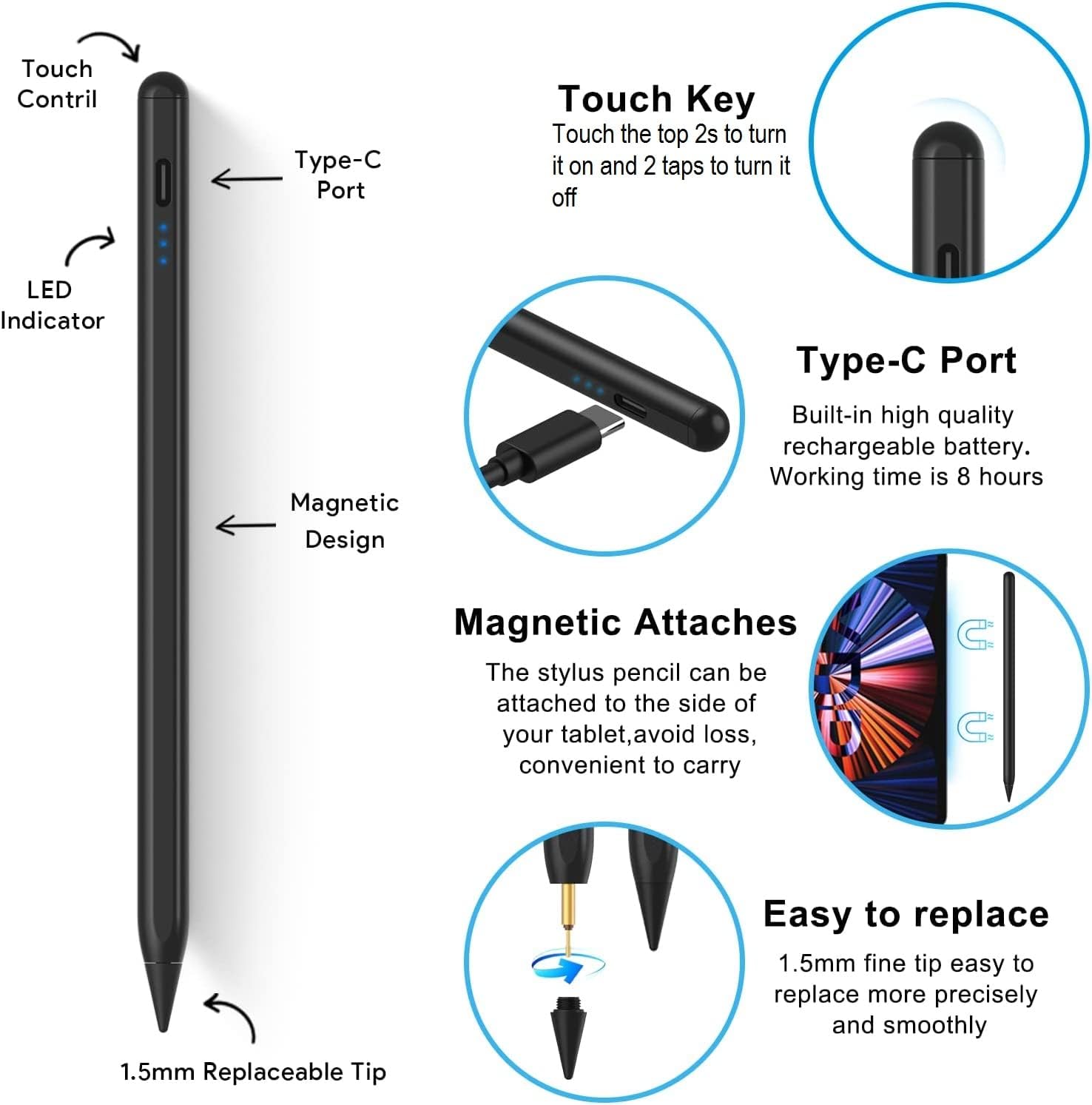 Apple iPad Érintőceruza - Kompatibilis 10-6. Generációs iPad, Air és Pro Modellekhez, Tenyértámasz Funkcióval, 4 Cserélhető Heggyel - Image 9