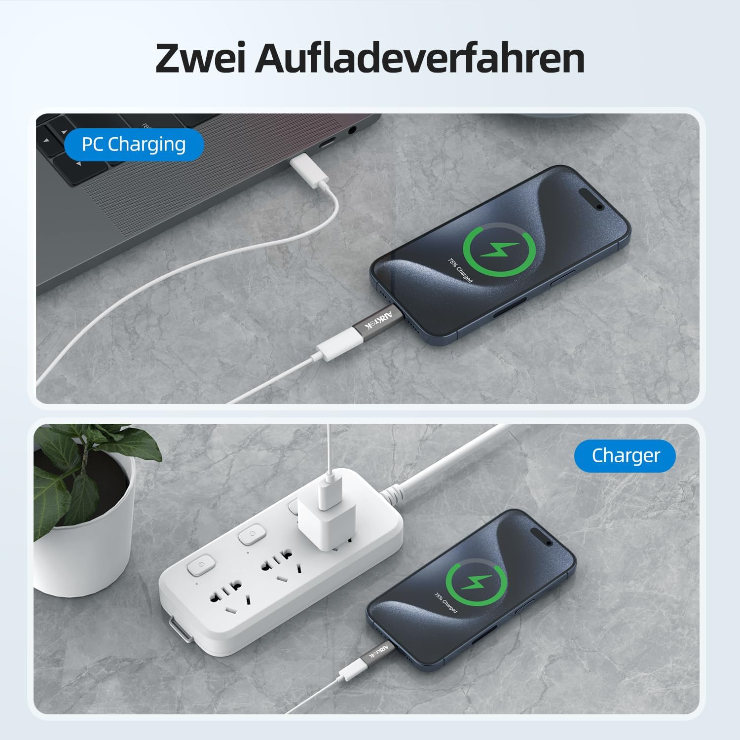 ARKTEK Lightning-USB C adapter iPhone 15, Galaxy S23, Pixel 8 töltéséhez (2db, szürke) - Image 5