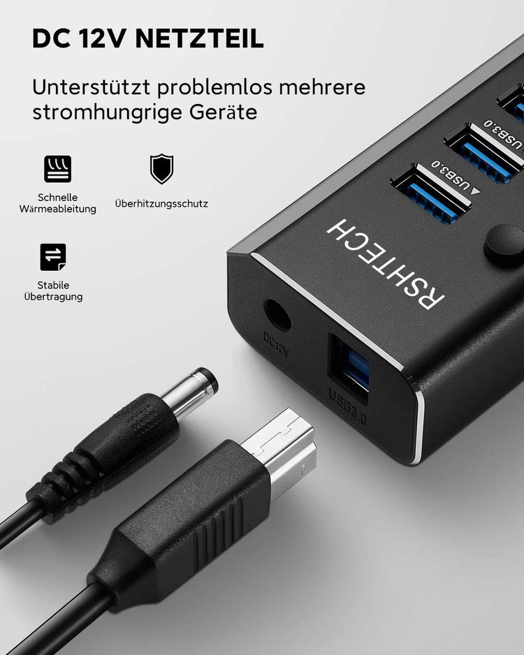 RSHTECH 10 portos USB 3.0 hub, alumínium, 36W tápegységgel és kapcsolóval - Image 6