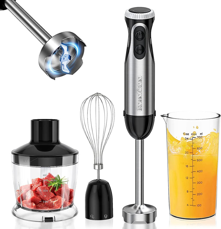 Bonsenkitchen Többfunkciós Kézi Turmixgép - 1000W, 20 Fokozat, Habverő, 500ml Aprító, 700ml Mérőpohár. Konyhai segéd: aprítás, keverés, pürésítés. - Image 1