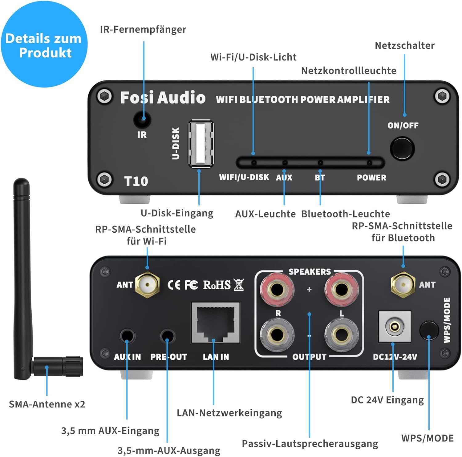 Fosi Audio T10 200W WiFi Bluetooth HiFi erősítő, távirányítóval - Image 2