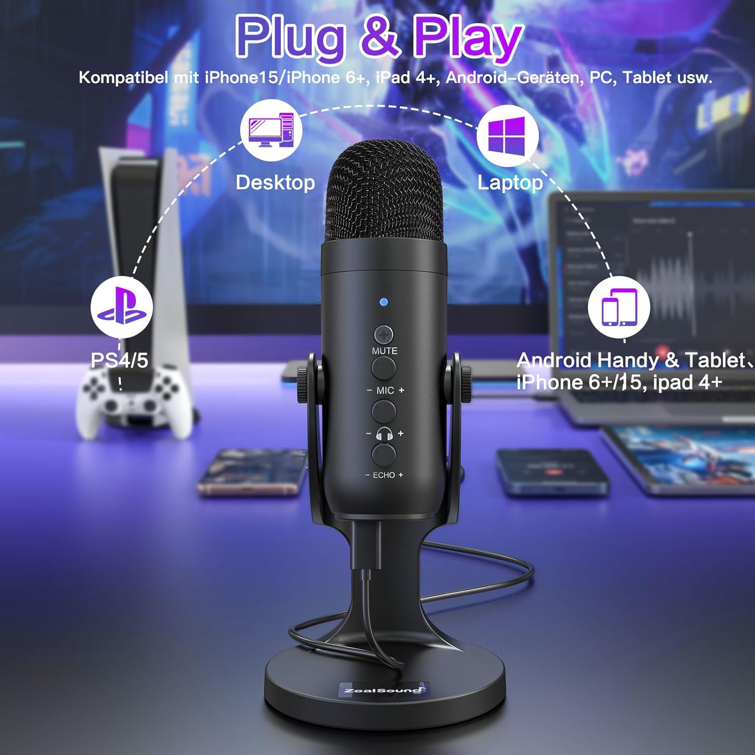 ZealSound USB Kondenzátoros Mikrofon - PC, Telefon, PS4/PS5 Kompatibilis, Némítás/Erősítés/Visszhang Funkcióval - Image 2