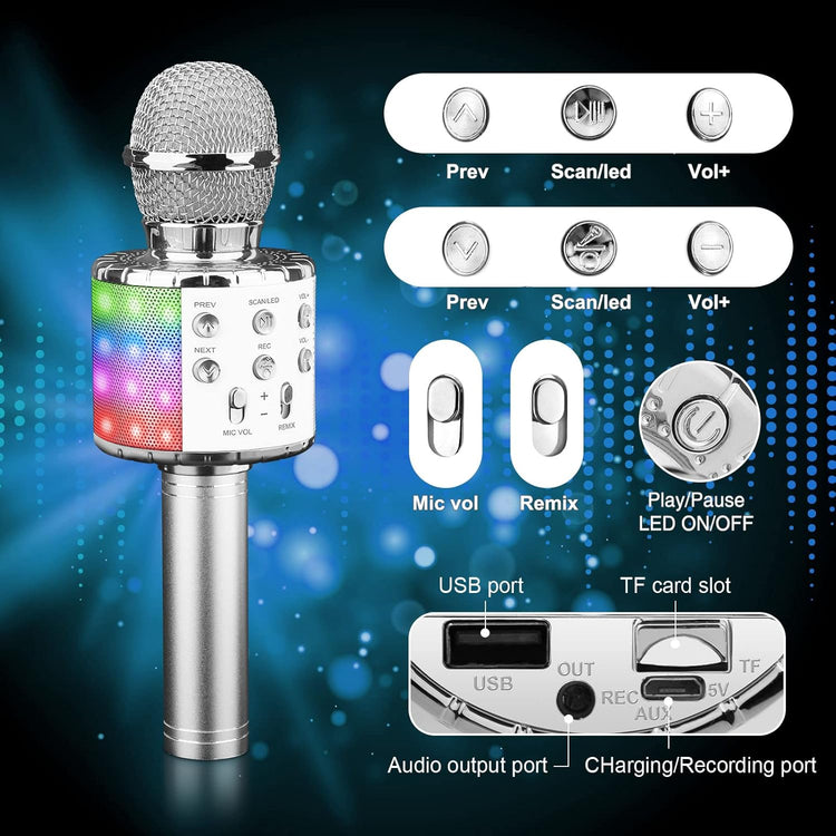 ShinePick Vezeték Nélküli Karaoke Mikrofon LED-del, Bluetooth, Android/iOS Kompatibilis - Ezüst - Image 4