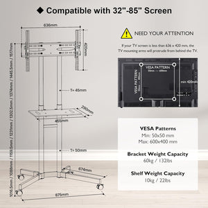 BONTEC TV állvány görgőkkel, 32-85" képernyőkhöz, 60kg-ig, fehér - Image 5