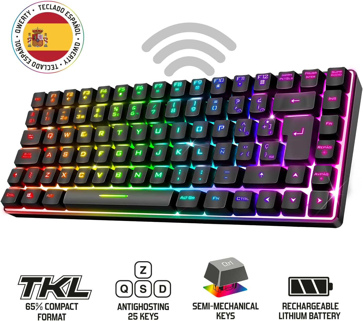 Spirit of Gamer vezeték nélküli Bluetooth TKL gamer billentyűzet, spanyol QWERTY, 65% kompakt - Image 2