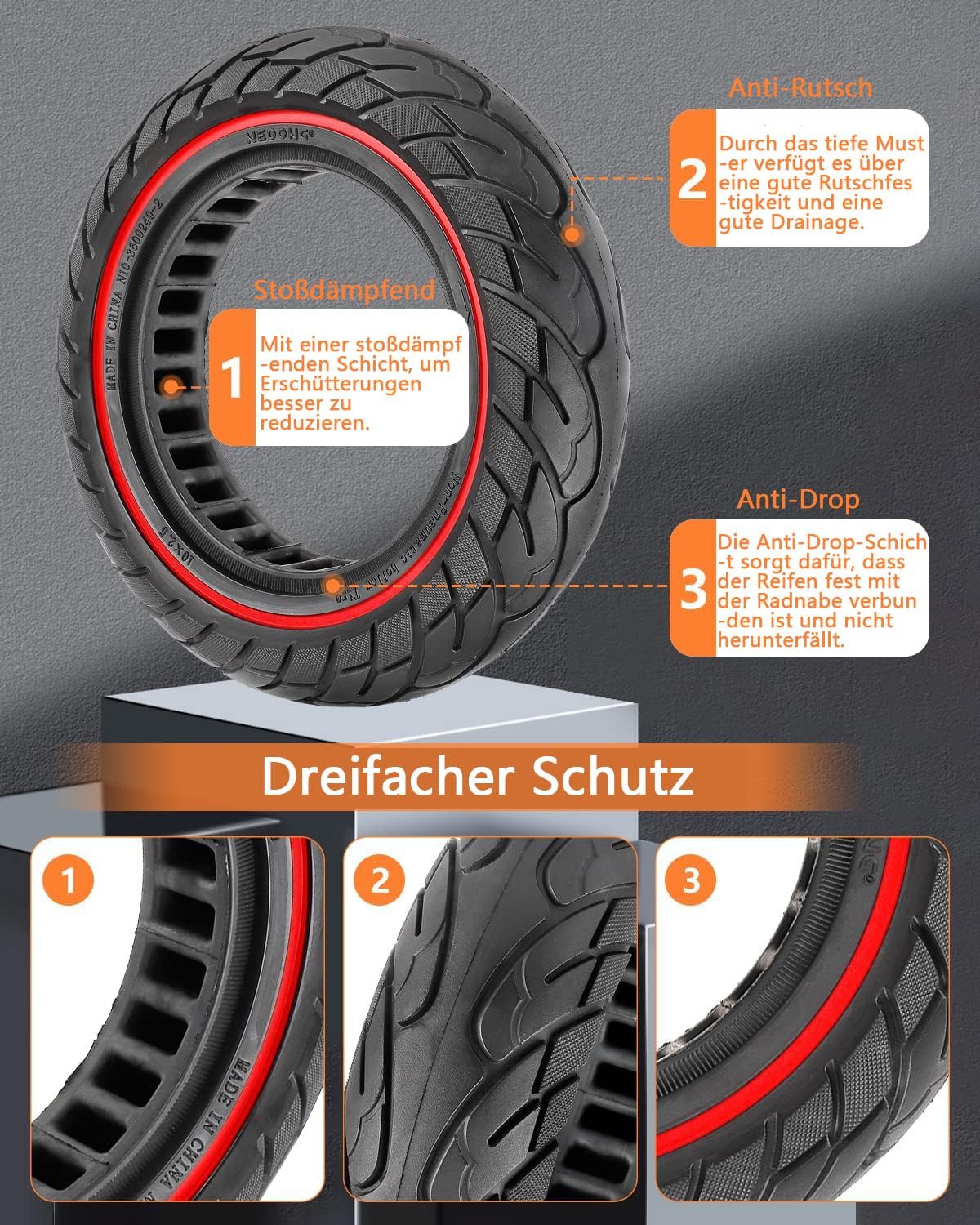 Segway Ninebot Max G30 tömör kerék, piros csíkos, csúszásgátló, defektmentes (2 db) - Image 5